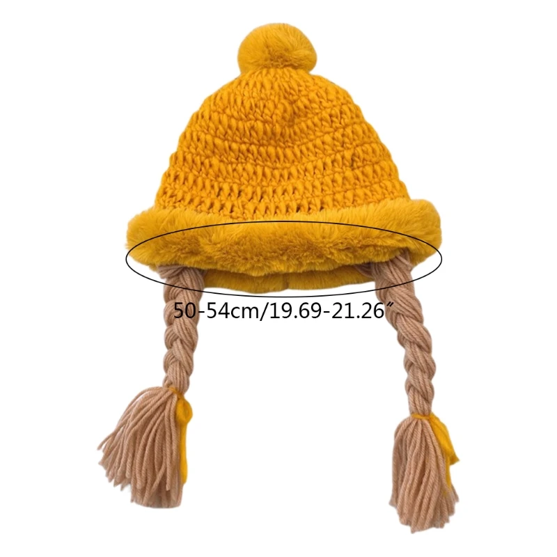 

Warm Soft Plush Ball Pompom Kid Handmade Knitted Cap with Braids Wigs Hat Bonnet