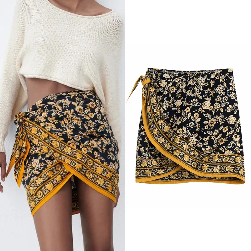 

Za 2021 Print Wrap Skirt Women High Waist Mini Skirts Woman Vintage Beach Sarong Skirt Asymmetric Hem Summer Short Skirts