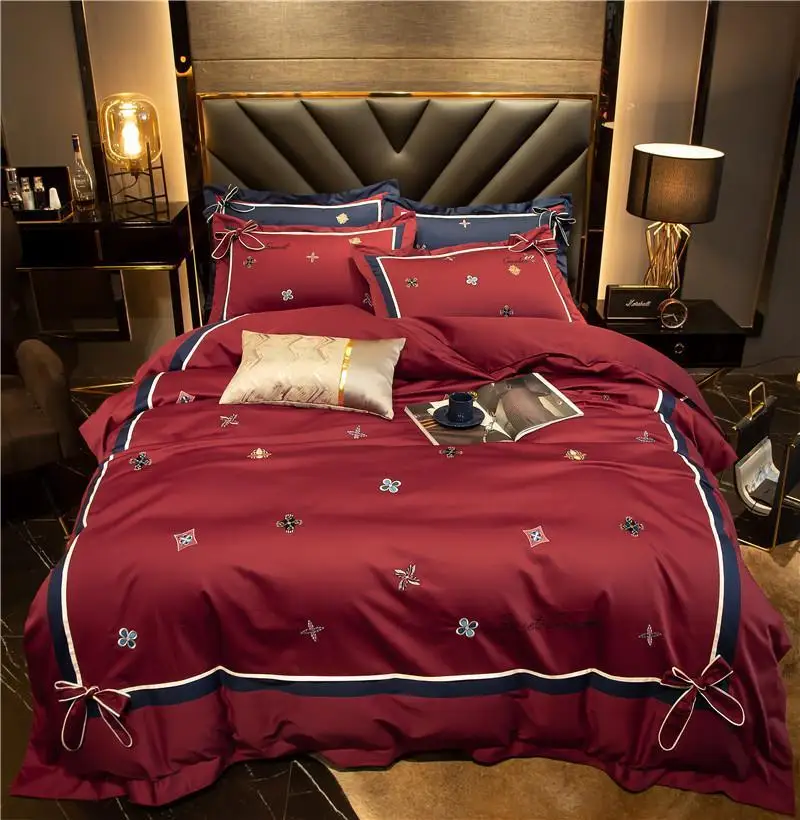 

Soft Silky Egyptian Cotton Premium Embroidery Luxury Wine Red Bedding set Queen King size JPcs Duvet Cover Bed sheet Pillowcase