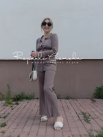 sweater solid color suits women matching sets oversize fleece pants roll collar knitted top flare sleeve 2021 spring summer