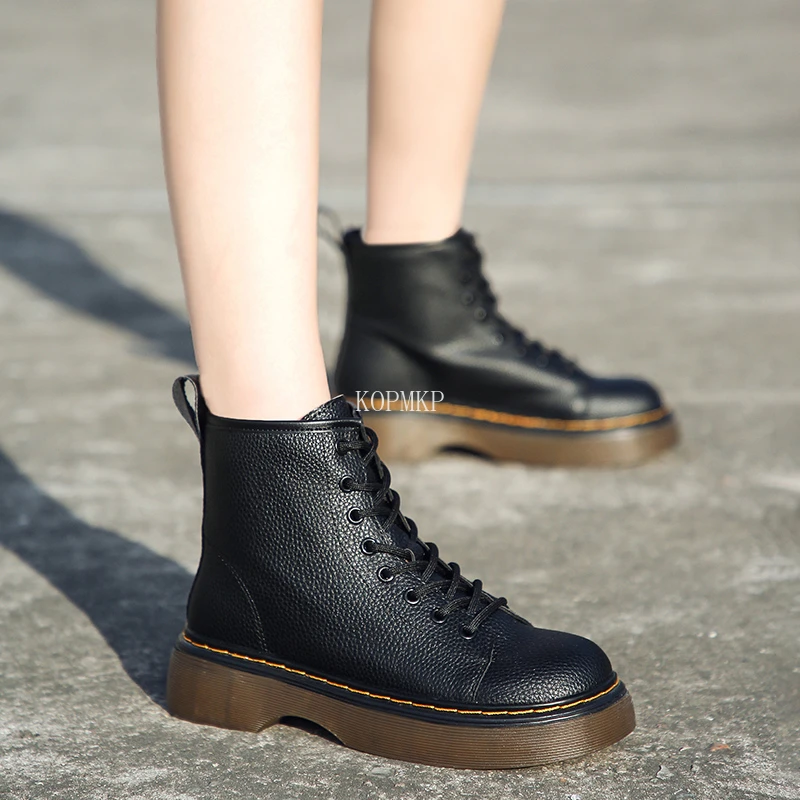 

2021 Black Women Ankle Boots Platform Round Toe Heel Lace Up Fashion Shoes for Woman Botas Mujer Kopmkp Plus Size 35-40