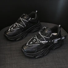 Reflective Splicing Chunky Sneakers Black Dad Casual Vulcanized Shoes Woman Platform Sneakers Lace U