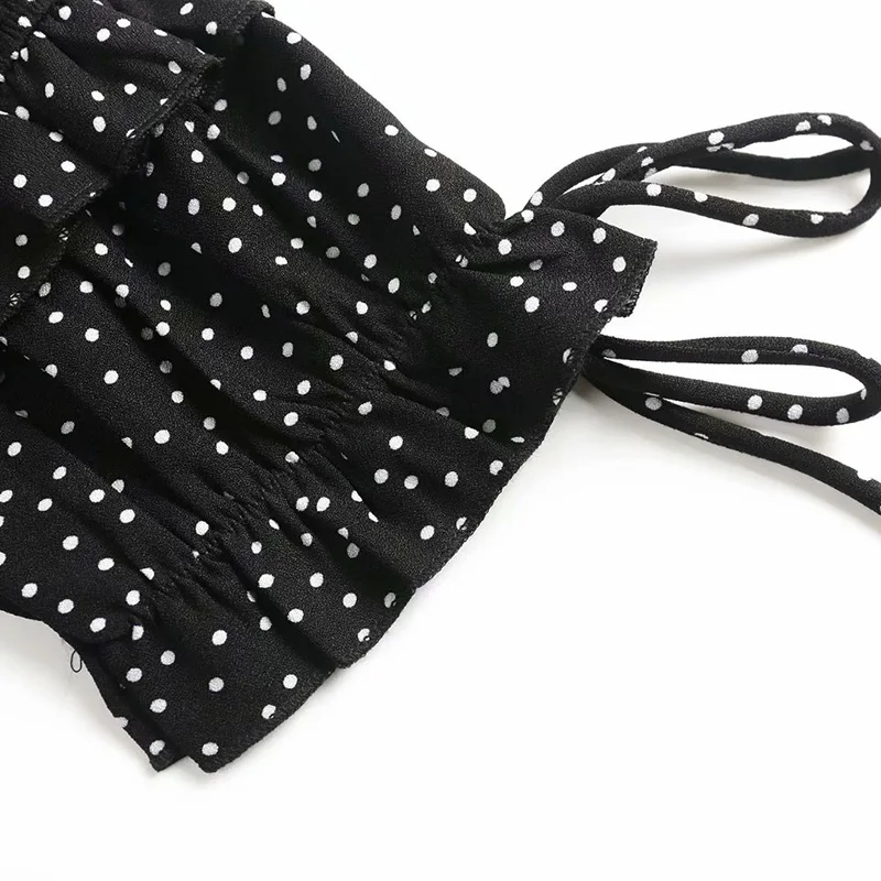 

Spring and Autumn Women's Polka Dot Print Top Sleeve Square Neck Top Fashion Slim Black Top
