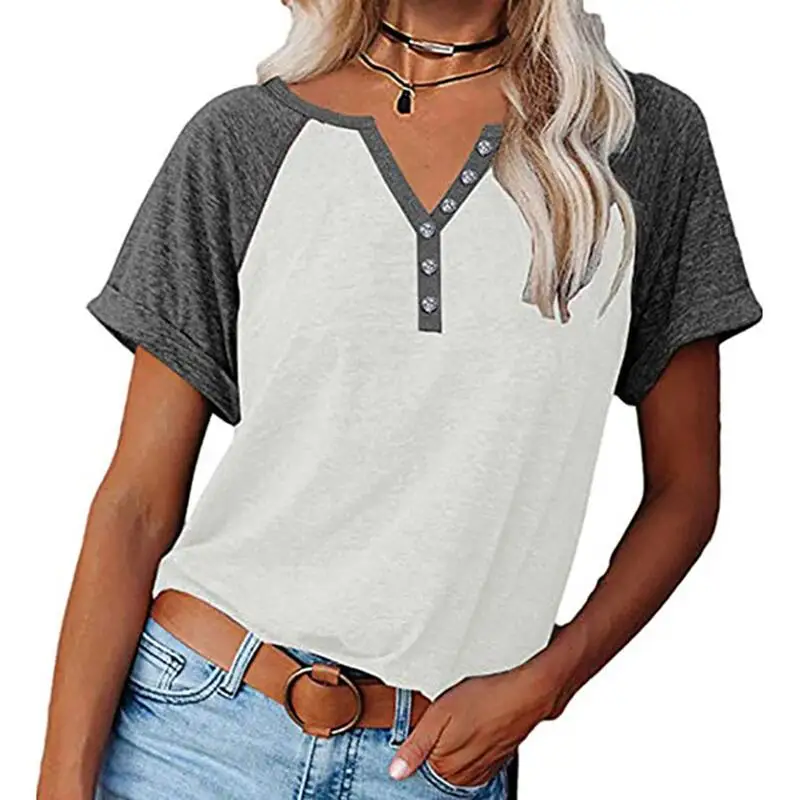 

2021 Women Summer Fashion V-Neck Stitching Top Short Sleeve Patchwork Color Button T-Shirt Casual Loose Comfortable Daily Tops