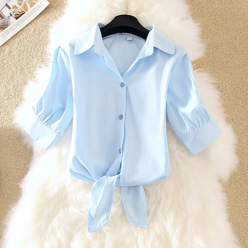 Женская короткая блузка с галстуком спереди розовая белая синяя желтая размера