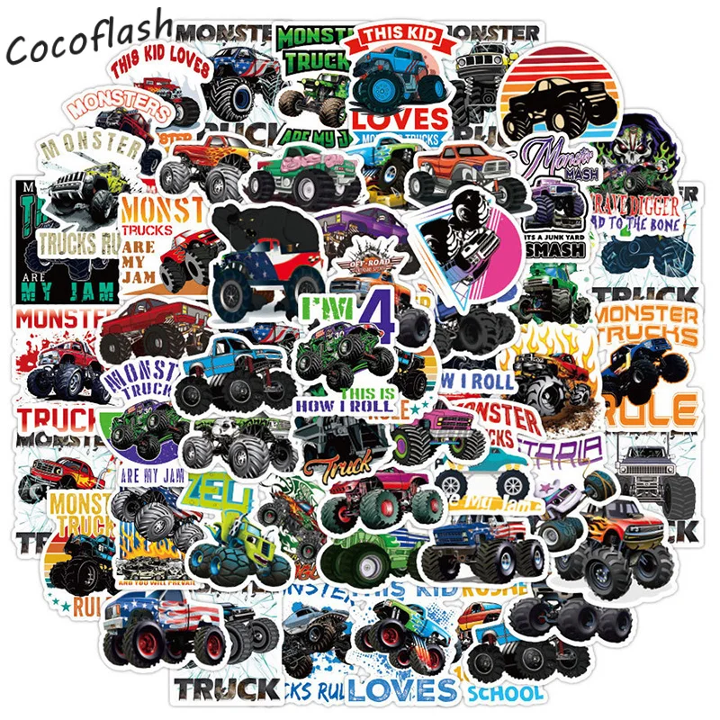 10/50Pcs/set Monster Truck Off-road Cartoon Cool Car Stickers For Luggage Diy Laptop Phone Case Decorative Gift Kids Helmet