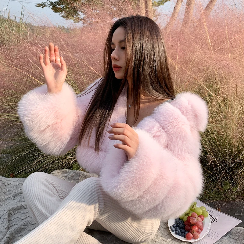 Light Pink Real Fox Fur Jacket Short Women Fashion Natural Whole Skin Genuine Fox Fur Coat with Lapel Colalr Trendy Overcoats