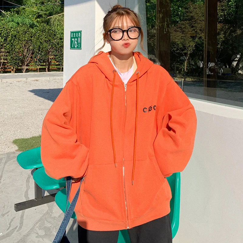 

Zip-up Hoodies Letter Print Pocket Hooded Thicken Sweatshirt 2020 New Autumn Fashion Ins Korean Style Loose Bf Style Female Coat