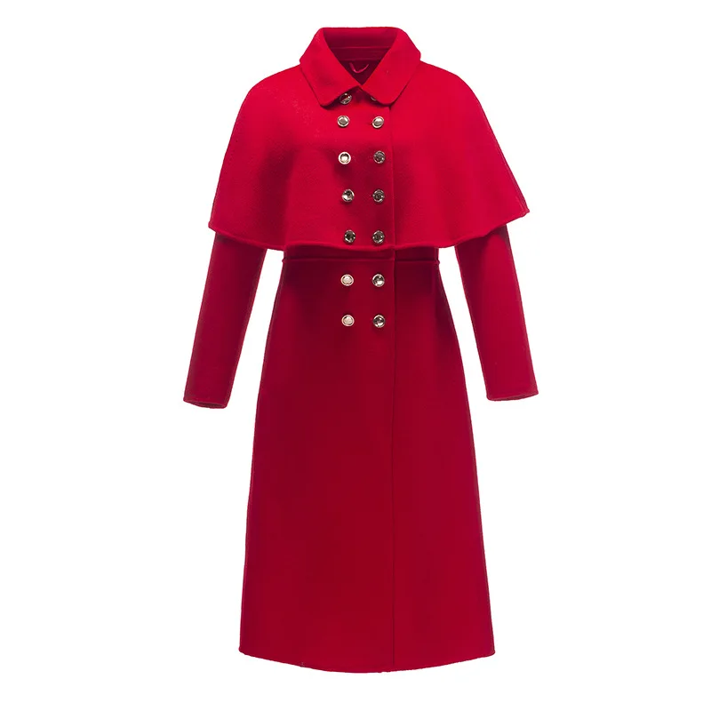 

2020 New Autumn Winter Retro Cloak Long Women Wool Coat Double Breasted Double Sides 100% Wool Female Outwear Coat