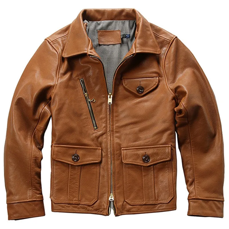 

Men 100% Vintage Natural Goat Leather Jacket Pockets Windproof Biker Outerwear Coat Man New Designer Short Slim Fit Cargo Jacket