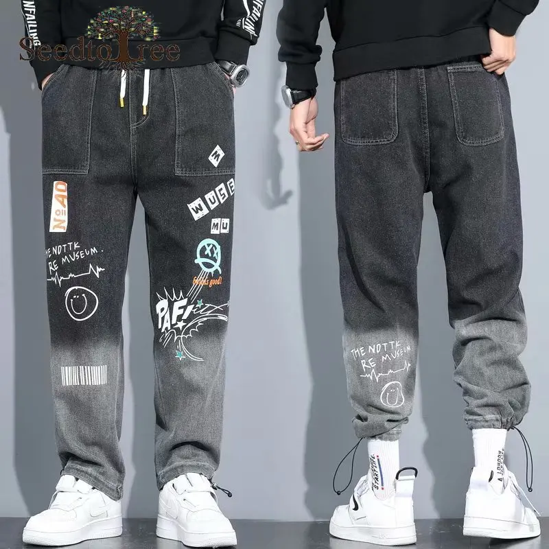 Printed Korean Men's Jeans Loose Denim S-5XL Large Size Casual Pants Hip Hop Cargo Pants Overalls