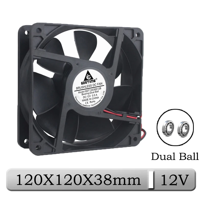 1 шт. Gdstime DC 12 В 2Pin 120 мм x 38 двойной шар PC Бесщеточный Охлаждающий вентилятор 120x120x38