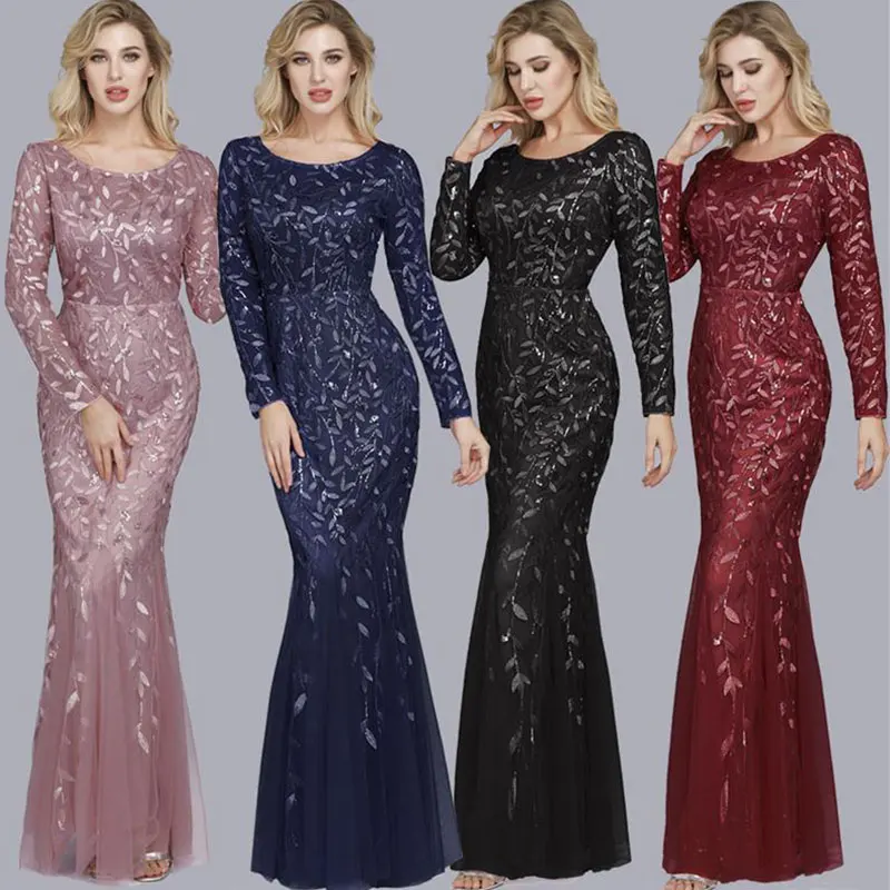

2021 New Style Multicolor Flower Long-Sleeved Dress Round Neck Fishtail Long Banquet Evening Dress Women Casual Women's Dresses