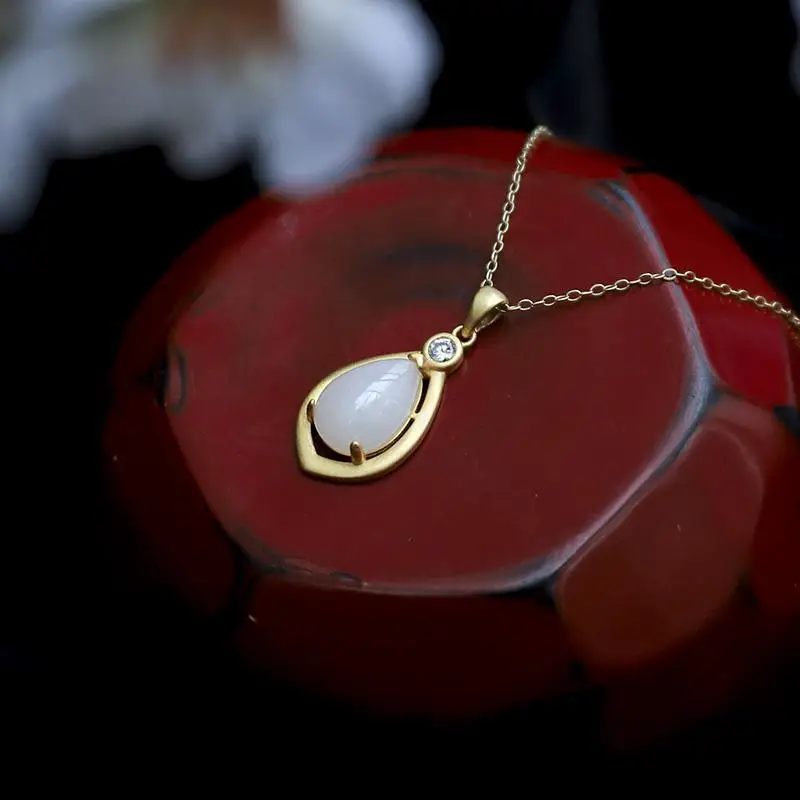 

Natural Hetian Jade White Jade S925 Sterling Silver Pendant Drop-Shaped Jade Necklace Simple Retro Gilding Craft Necklace