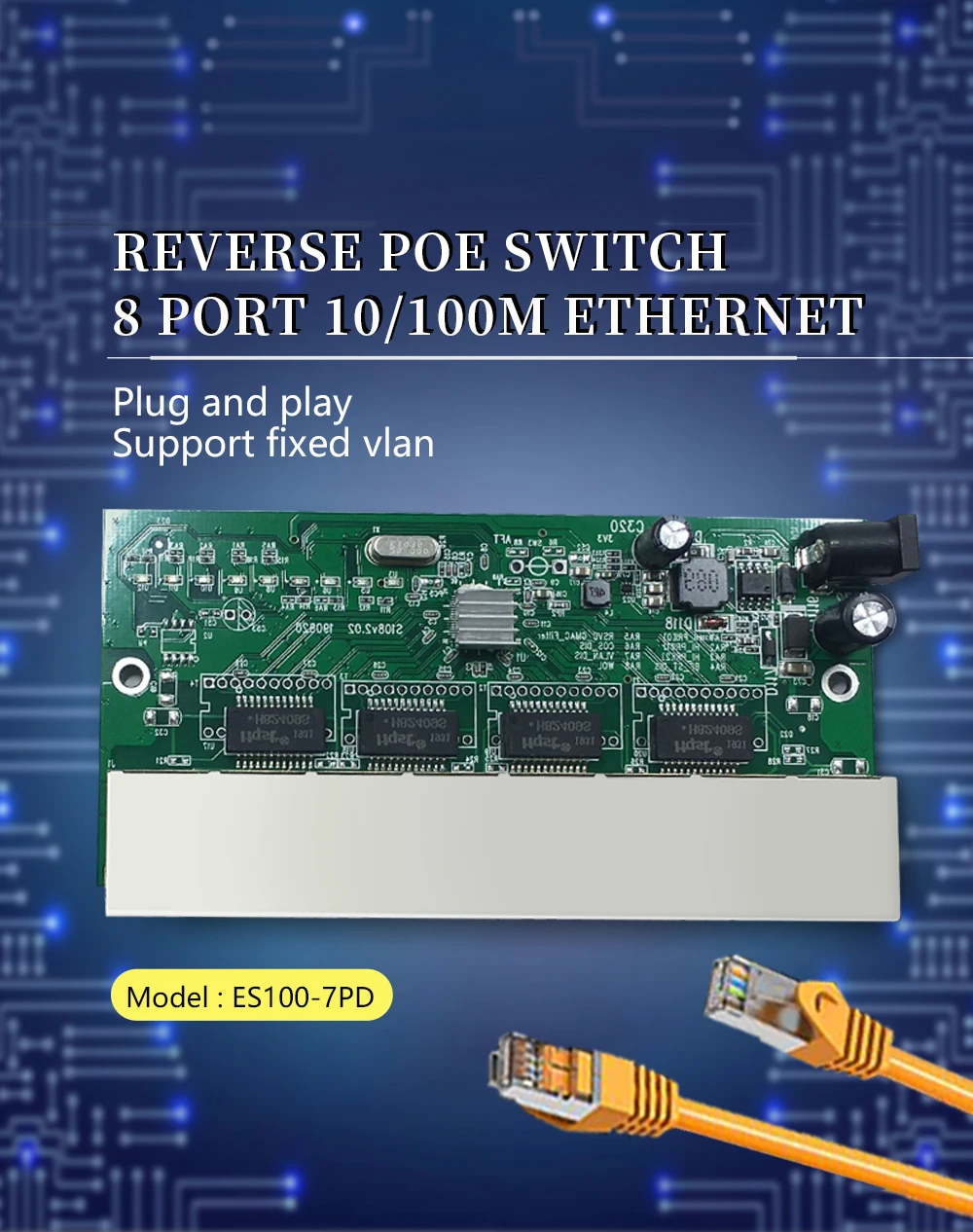 8 задний переключатель печатной платы 8 портов 10/100M Ethernet обратное POE Питание переключатель