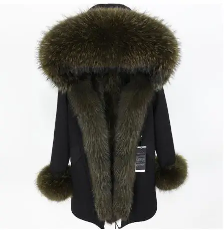 black green fur Брендовая зимняя женская куртка, длинная шуба из натурального Лисьего меха, женские теплые меховые куртки, воротник из натурального меха енота, парка с подкладкой из натурального меха - Цвет: black green fur