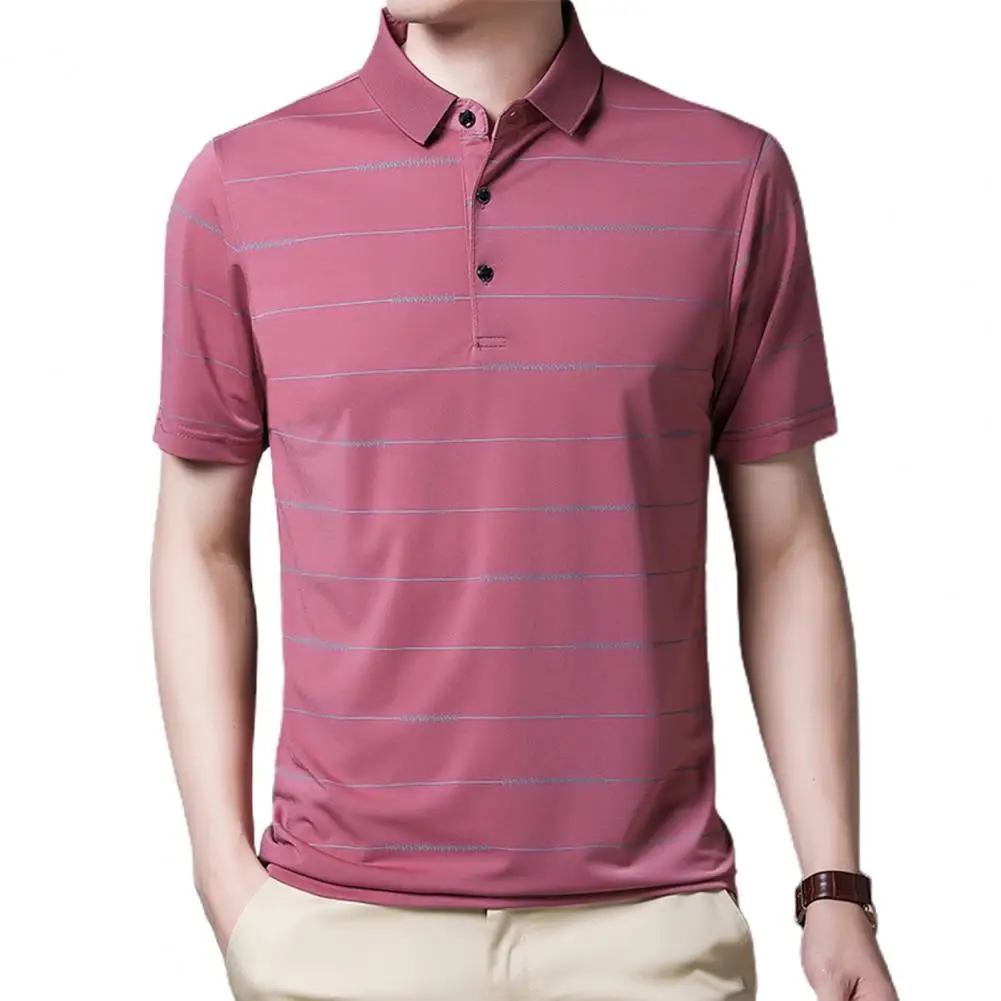 

T-shirt Striped Short Sleeve Men Turn Down Collar Shirt Top for Summer