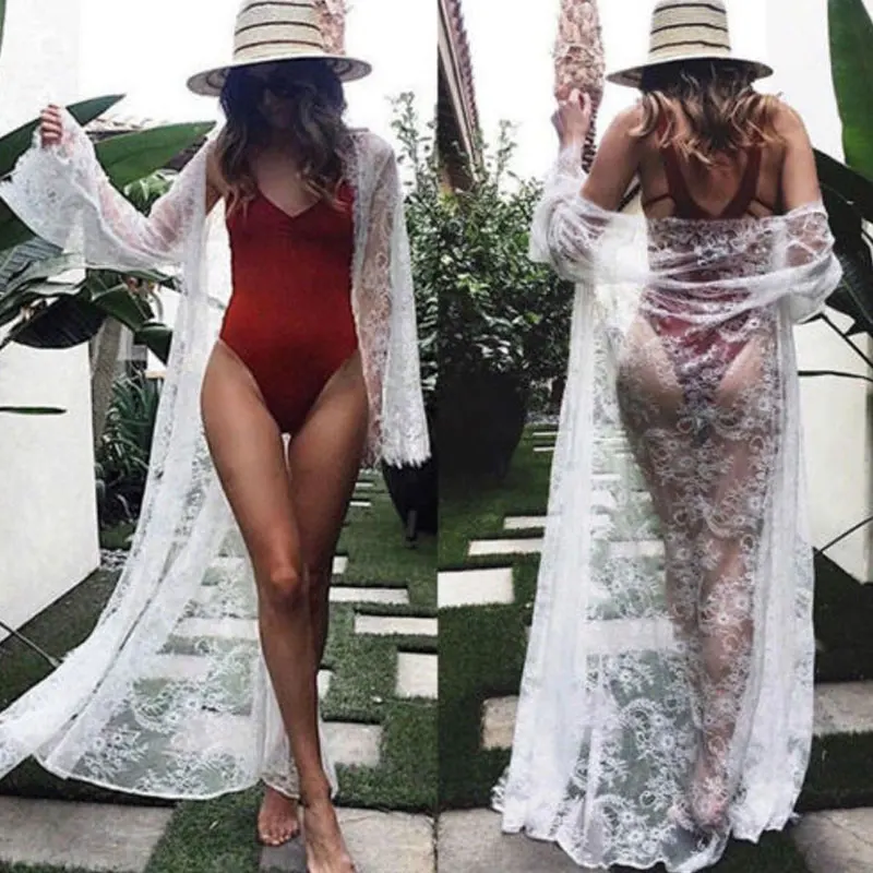 

Black Whie Women Lace Flower Cardigan Beach Long Dress Cover-Ups Sexy Bikini Cover Up Sunscreen Beachwear