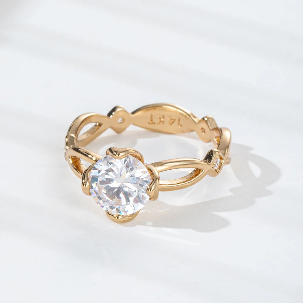 14KT Золоченое белое сапфироидное кольцо с пустыми лотосовыми цветами для свадьбы с кубическим цирконием для женщин, размеры 6-10.