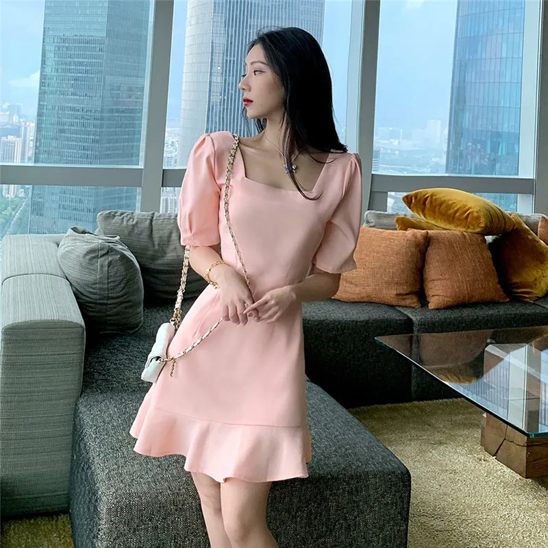 

Summer dress sexy bag hip fishtail ladies dress new temperament square collar short sleeve waist slimming dress