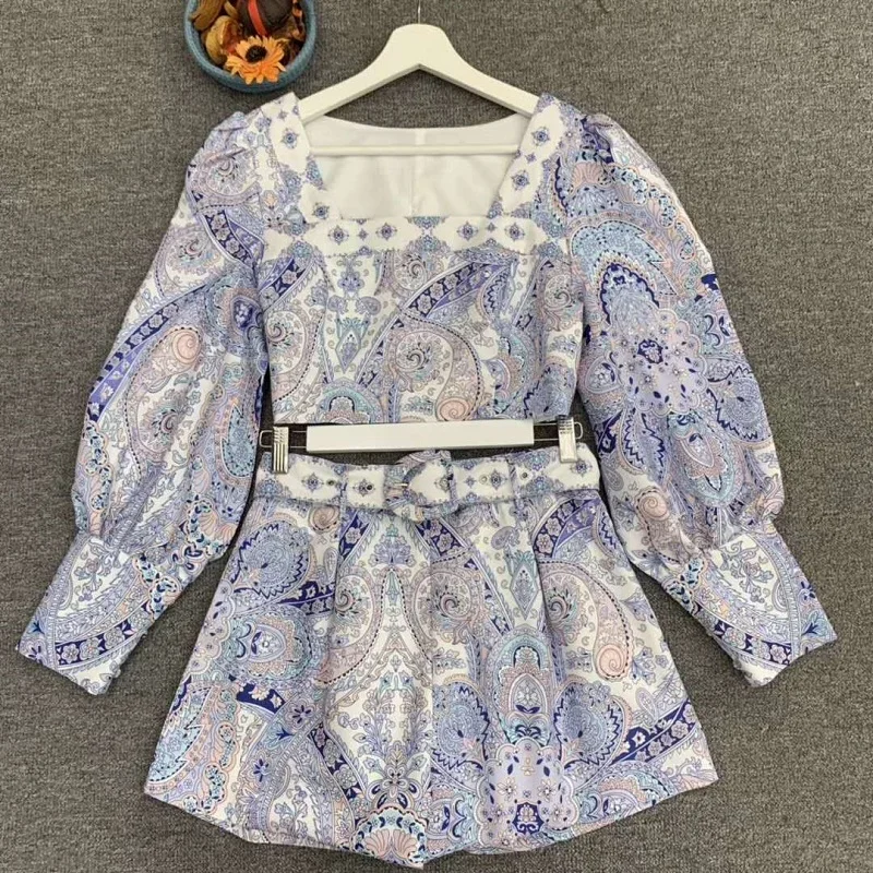 

2020 Summer Fashion Sets High Quality Women Sexy Square Collar Vintage National Style Print Long Sleeve Crop Tops Short Set