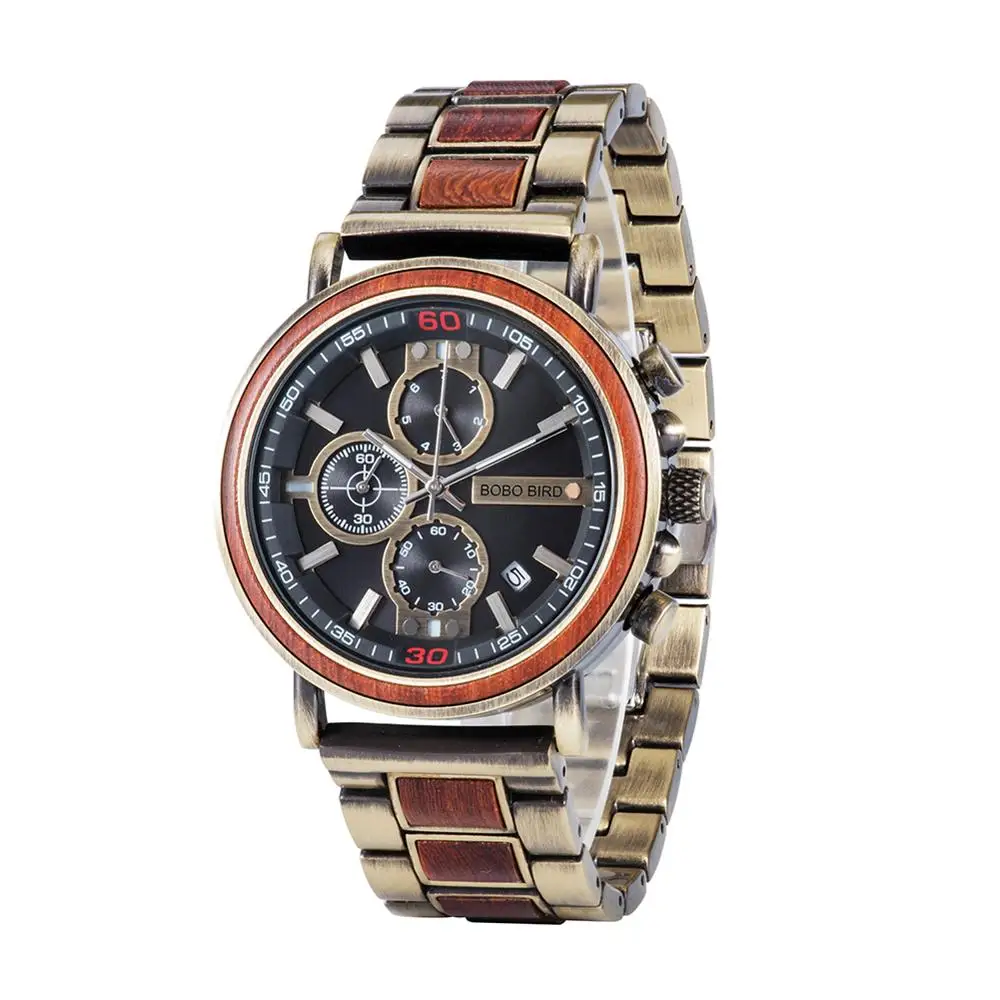 W-T07-1 Red wood Relogio Masculino BOBO BIRD деревянные часы лучший бренд класса люкс Хронограф военные мужские часы в деревянной коробке reloj hombre дропшиппинг - Цвет: W-T07-1 Red wood