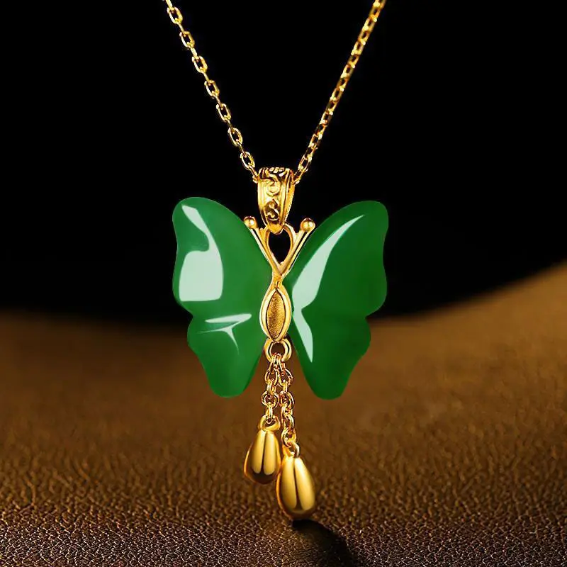 

Natural Hetian Jade Green Jade Butterfly Tassel Pendant Necklace S925 Sterling Silver Jasper Butterfly Clavicle Chain Ornament f