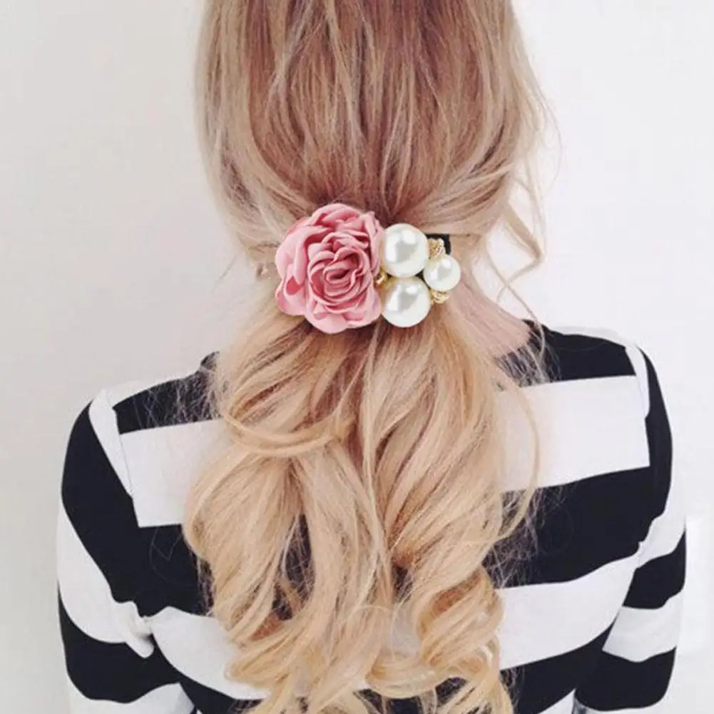 

Korean Fashion Hair Accessories Big Pearl Rose Flower Diamond-studded Tie Camellia Rubber Hair Headdress Rope Band Hair Q9C4