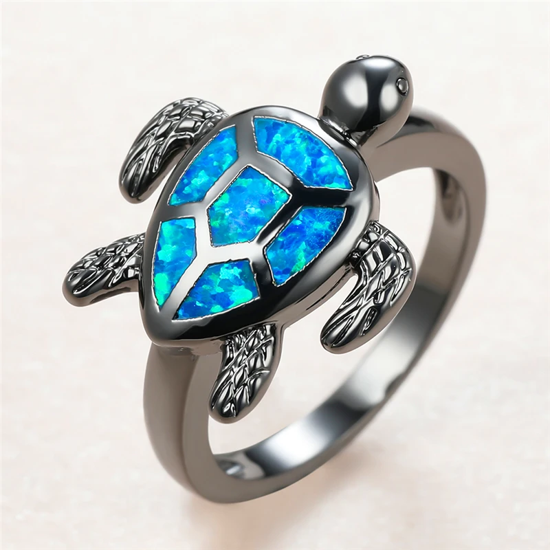 

Boho Female Blue Opal Stone Ring Charm 14KT Black Gold Wedding Rings For Women Luxury Sea Turtle Thin Engagement Ring