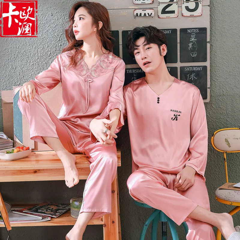 Spring Autumn New Silk Couple Pajamas Large Silk Thin Men's Women's Nightwear Home Wear Pajamas Set V-Neck Sleepwear Solid