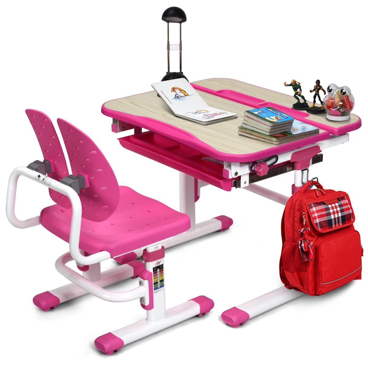Children Desk Chair Set Adjustable Study Table w/ Drawer & Winged Backrest Chair