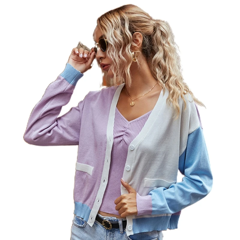 

Women Long Sleeve V-Neck Cardigan Color Block Button Knit Loose Sweater Outwear M5TE
