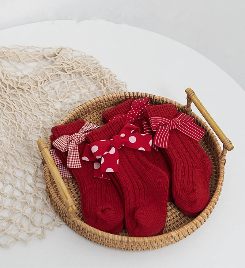 1 пара детские рождественские носки с красным бантом в полоску горошек | Детская