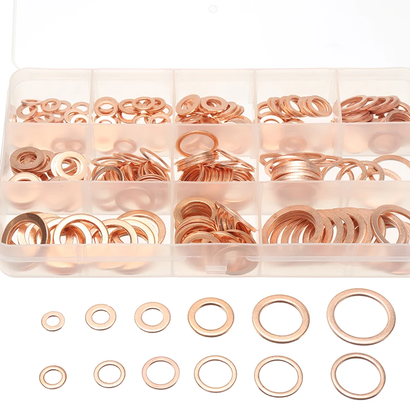 

300pc M5 - M20 Copper Washers Gaskets Rings Sealing Ring Assortment Copper Seals Oil Drain Plug Car Machinery Tool Accessories