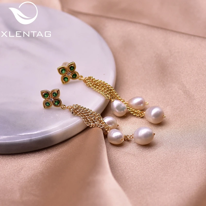 XlentAg Natural Pearl Tassel Pendant Dangle Earrings Green Zircon Women Party Gift Earing Stud Peasonalized Jewelry GE0932 | Украшения и