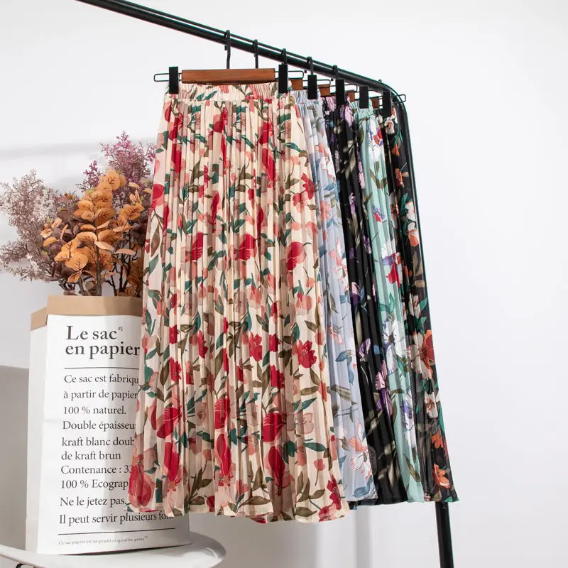 

A line skirt high waist pleated skirt floral chiffon skirt female summer and spring mid length skirt 2021 new half length skirt