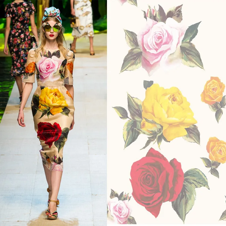 

European and American brand rose flower digital printing women's dress shirt fabric spring new logo sewing material by the meter
