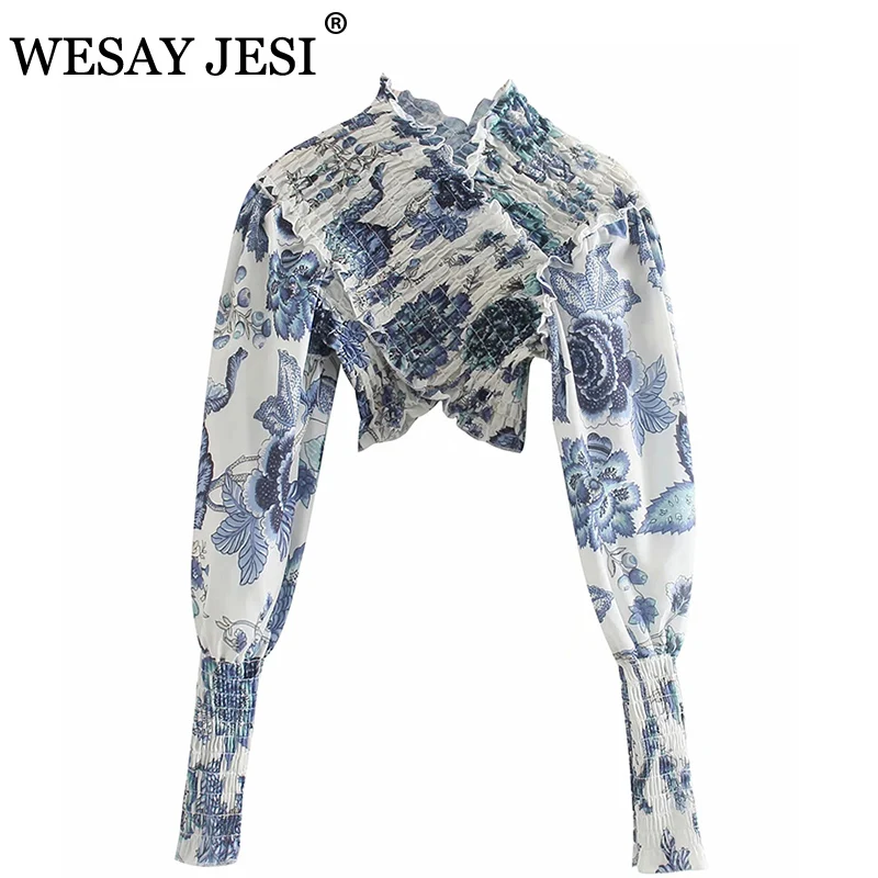 

WESAY JESI 2021 Summer New Women's Tops Printed Strapless Long Sleeve Elastic Short Shirt Casual Retro Fashion Temperament Top