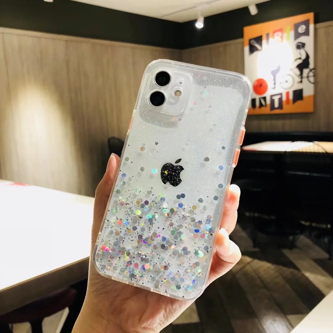 

Transparent Shining Sequin Case For iPhone 12 11 Pro Max X XR XS 7 8 Plus SE2020 Soft Silicone Lens protection Back Cover