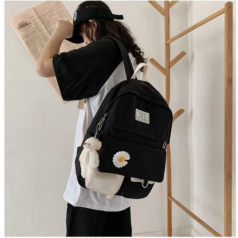 

Oxford Backpacks for School Teenagers Girls Cute Bear Panelled Flowers Women Back Pack Soft Multi-pocket Patchwork Back Bag New