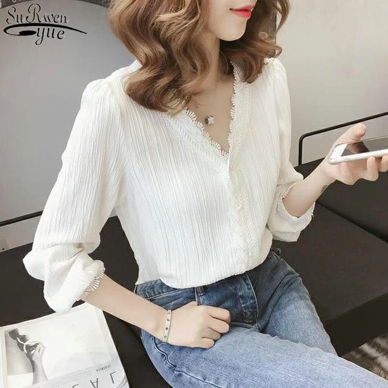 

2021 Autumn Striped Lace Shirts Long Sleeve Single Breasted Shirts V-Neck Puff Sleeve Solid Women's Blouse Plus Size 3XL 11087