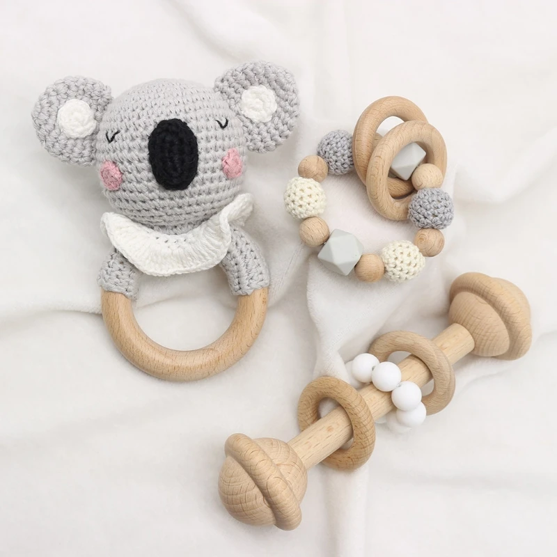 

Baby Pacifier Clip Dummy Chain Holder Wooden Teething Bracelet Crochet Toy Rattle Soother Molar Infants Teether Newborn Shower
