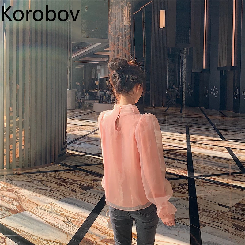 Женские блузки с бантом Korobov винтажные Блузы длинным рукавом и шнуровкой новинка