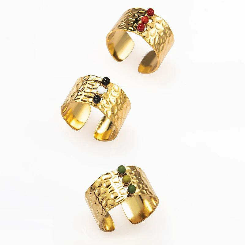 

Gold Plated Vintage Wide Rings For Women Stainless Steel Open Finger Ring Natural Stone Rings Handmade Jewelry