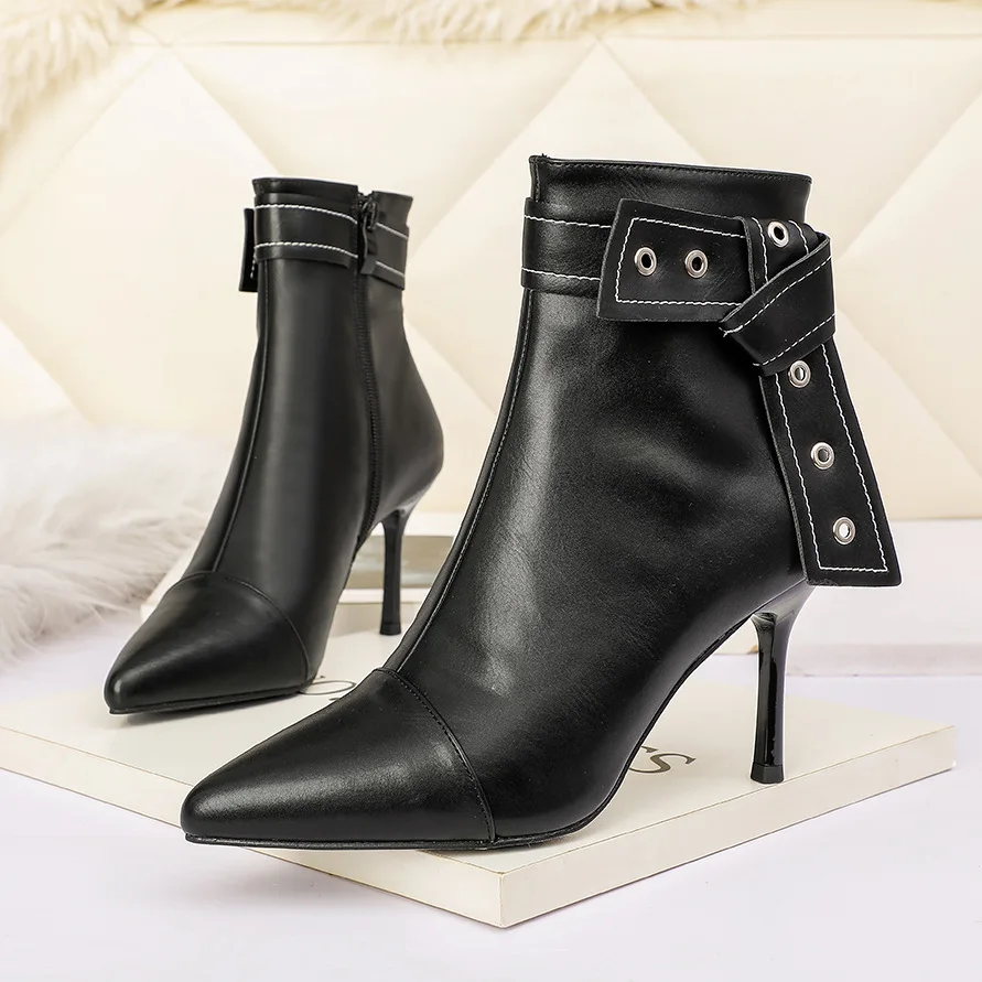 

NO.55 Shoes 8cm High Heels Women Boots Autumn/Winter New Fashion Side Zipper Ladies Shoes Rivet Bow Tie Design Sexy Pump Boots