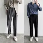 Мужские повседневные Костюмные брюки, однотонные прямые брюки со средней посадкой и карманами, брюки-Слаксы в стиле Харадзюку, простые универсальные облегающие брюки в Корейском стиле