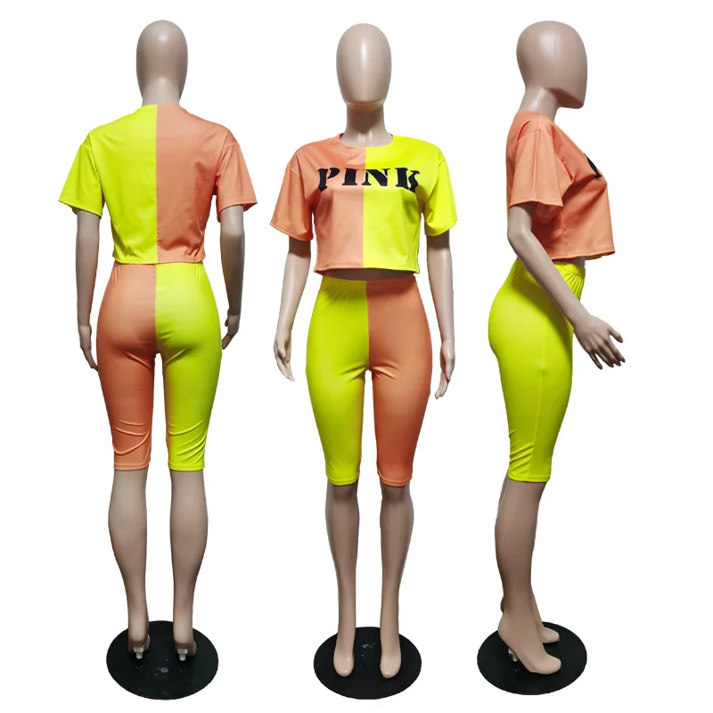 

Women's Printed Letter Short-Sleeved Shorts Contrast Color Fashion Loose Suit 2 Piece Outfits for Women Pants and Top