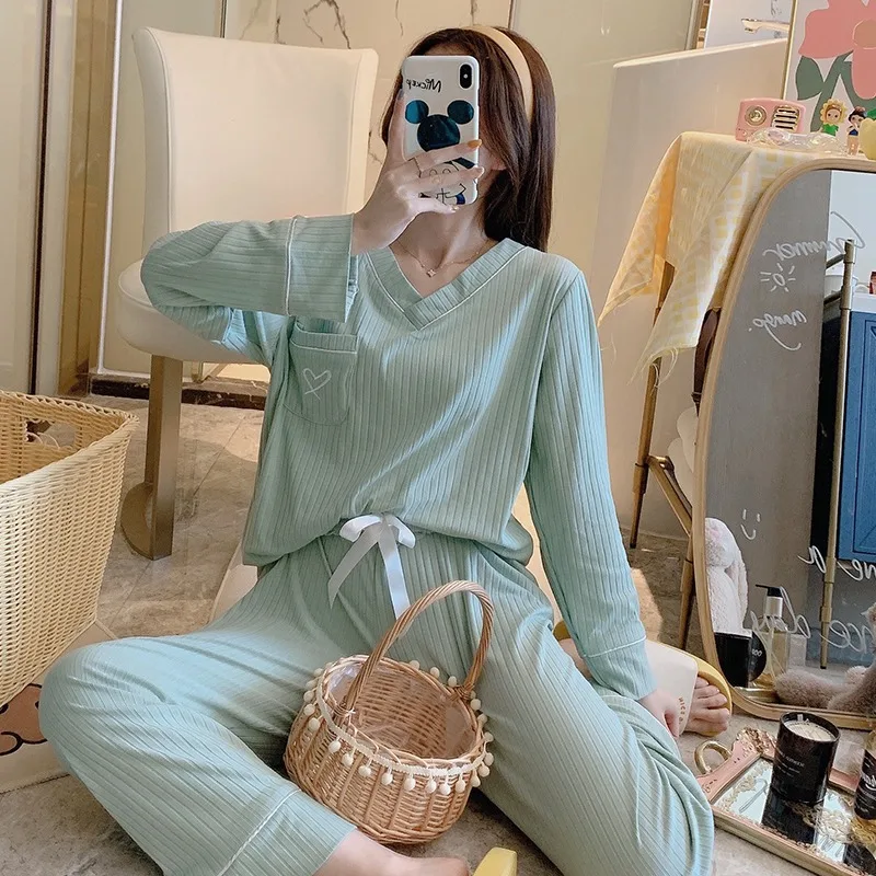 2020 осень-зима 100% хлопок! Футболка с длинным рукавом и v-образным вырезом пижамные