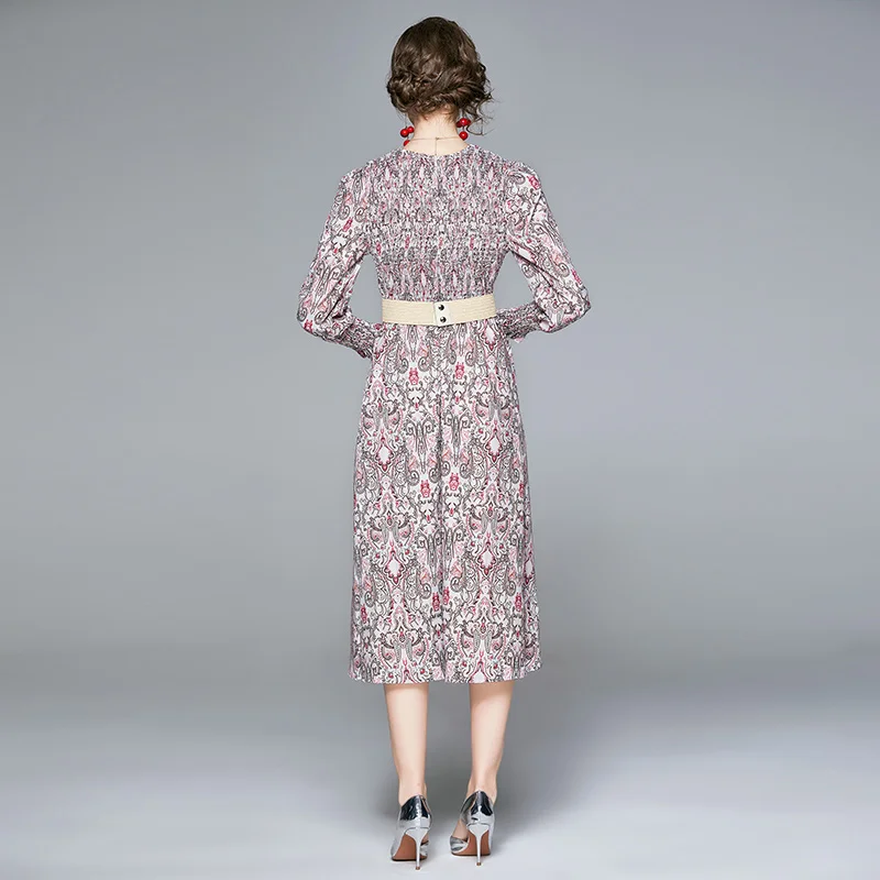 

New Women Bohemian Vintage Print Party Dress Fashion Elegant Slim Female O Neck Long Sleeve Holiday Dresses Vestidos