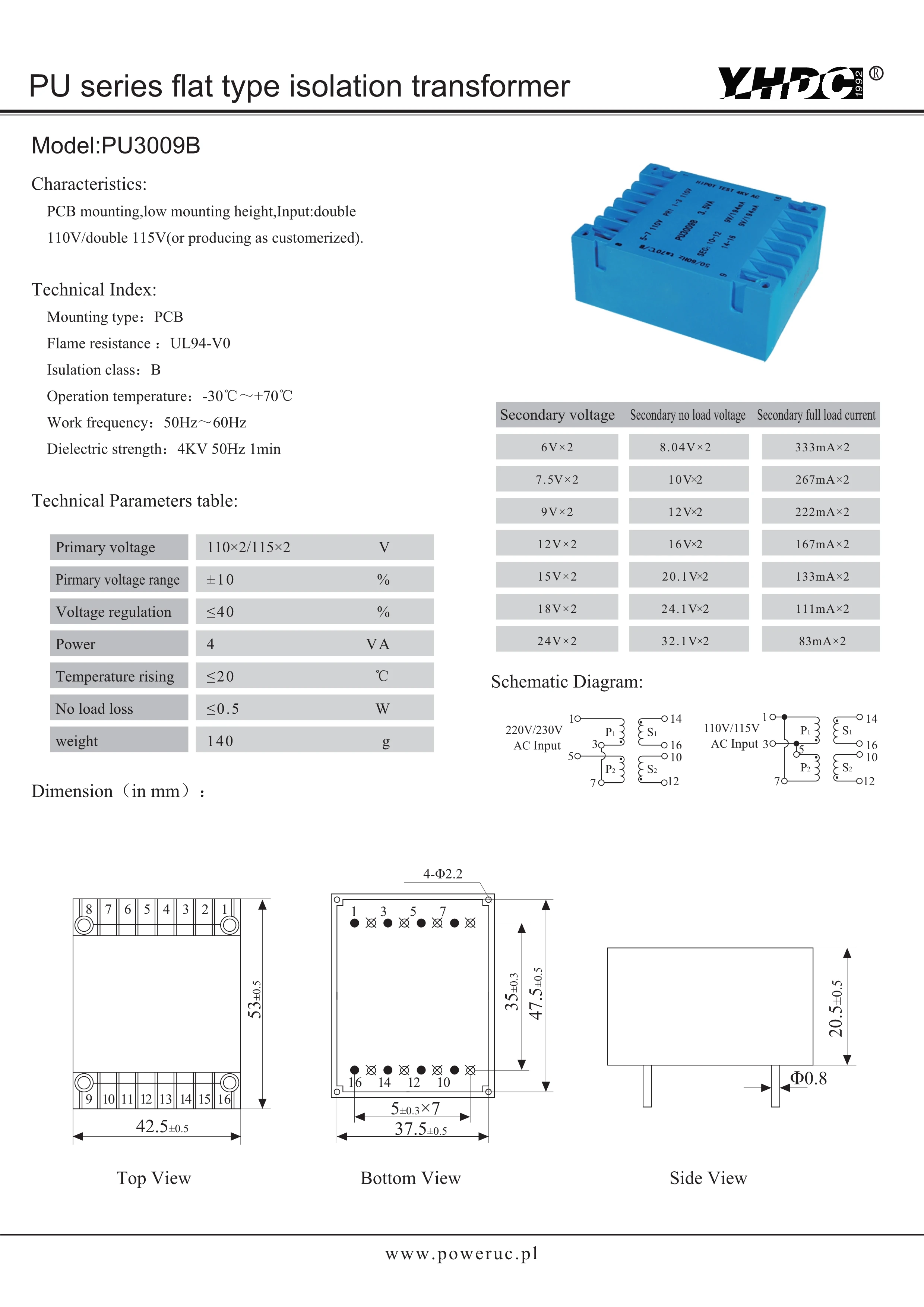 PU3009B UI30 SERIES 3.5VA 2*110V 2*9V PCB Инкапсулированный трансформатор|encapsulated transformer|transformer